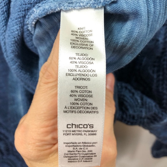 Chico's Sz 3 XL Blouse Top Blue Boho Peasant Pullover Embroidered Cotton Blend - Picture 6 of 7